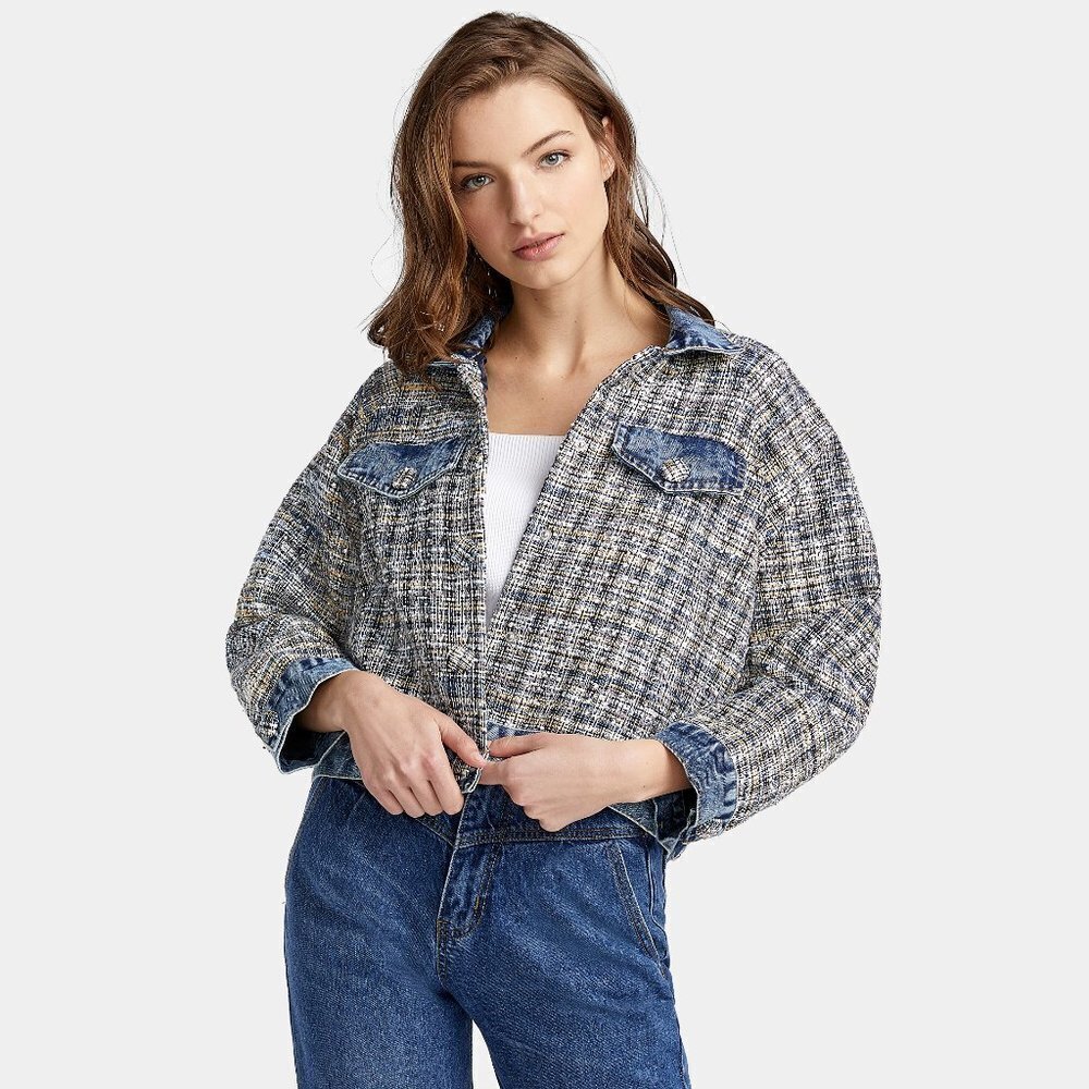 NWT M2 by Mocha crystal tweed short denim jacket, L